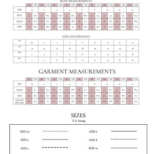 May include: A size chart for clothing with measurements in inches and centimeters. The chart includes bust, waist, hips, and length measurements for sizes 00 to 14. The chart also includes size conversions for US, EU, UK, and AU sizes.