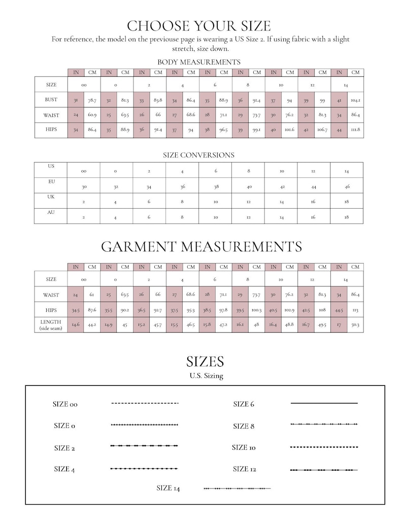 May include: A size chart for clothing with measurements in inches and centimeters. The chart includes bust, waist, hips, and length measurements for sizes 00 to 14. The chart also includes size conversions for US, EU, UK, and AU sizes.