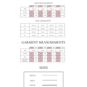 May include: Size chart for clothing with measurements in inches and centimeters. The chart includes body measurements for sizes XS, S, M, and L, as well as garment measurements for the same sizes. The chart also includes size conversions for US, EU, UK, and AU sizes.