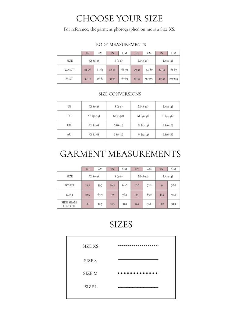 May include: Size chart for clothing with measurements in inches and centimeters. The chart includes body measurements for sizes XS, S, M, and L, as well as garment measurements for the same sizes. The chart also includes size conversions for US, EU, UK, and AU sizes.