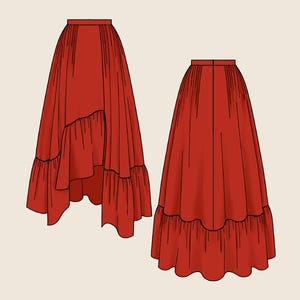 May include: Two red skirts with a high-low hemline and ruffled trim. One skirt is shown from the front, and the other from the back. The skirts have a fitted waistband and a flowing silhouette.