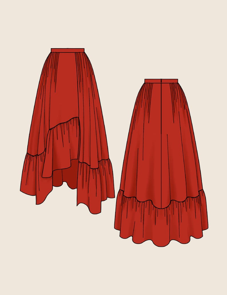 May include: Two red skirts with a high-low hemline and ruffled trim. One skirt is shown from the front, and the other from the back. The skirts have a fitted waistband and a flowing silhouette.