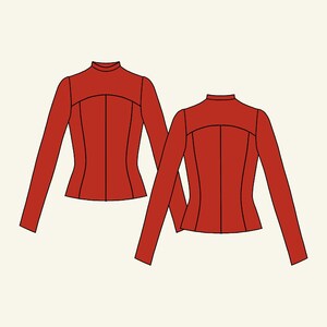 May include: A red long-sleeved mock neck top with a fitted bodice and long sleeves. The top is shown from the front and back.