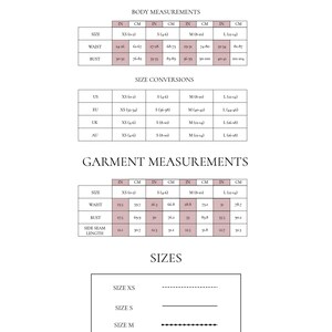 May include: A size chart for a garment with measurements in inches and centimeters. The chart includes body measurements for different sizes, as well as garment measurements for waist, bust, side seam, and length.