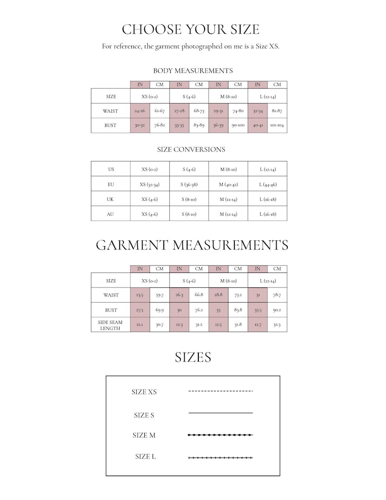 May include: A size chart for a garment with measurements in inches and centimeters. The chart includes body measurements for different sizes, as well as garment measurements for waist, bust, side seam, and length.