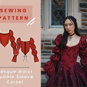 Puede incluir: Se muestra un patrón de costura para un corsé de cintura vasca y mangas abullonadas. El patrón es rojo, con las palabras "SEWING PATTERN" en la parte superior. Una mujer lleva un vestido burdeos con mangas abullonadas y un collar de cruz.