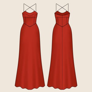 May include: Two red dresses with a floor-length design. The dresses have a fitted bodice with a criss-cross strap design. The dresses are shown from the front and back view. The background is a light beige color.