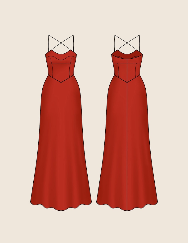 May include: Two red dresses with a floor-length design. The dresses have a fitted bodice with a criss-cross strap design. The dresses are shown from the front and back view. The background is a light beige color.