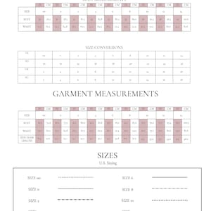 May include: A size chart for clothing with measurements in inches and centimeters. The chart includes US, EU, UK, and AU sizes. The chart also includes bust, waist, and side seam length measurements.