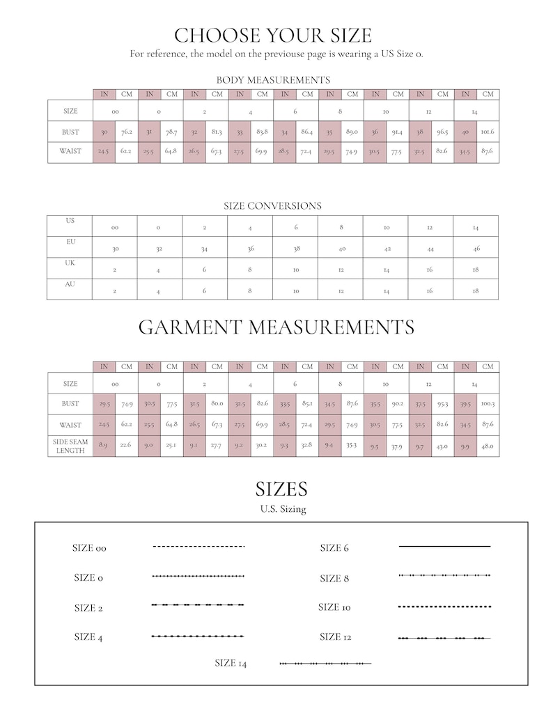 May include: A size chart for clothing with measurements in inches and centimeters. The chart includes US, EU, UK, and AU sizes. The chart also includes bust, waist, and side seam length measurements.