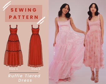 May include: A sewing pattern for a Ruffle Tiered Dress, with two style options illustrated in burnt orange. The image also features two women wearing pink dresses, one with a tiered skirt and the other with floral embroidery. The text "SEWING PATTERN" is at the top.