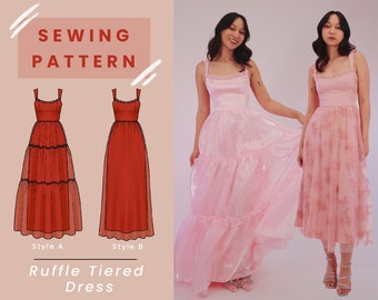 Ruffle Tiered Dress Digital PDF Sewing Pattern with Mini, Midi, and Maxi Options (PROM and Wedding Guest Dress) // US Size 00-14