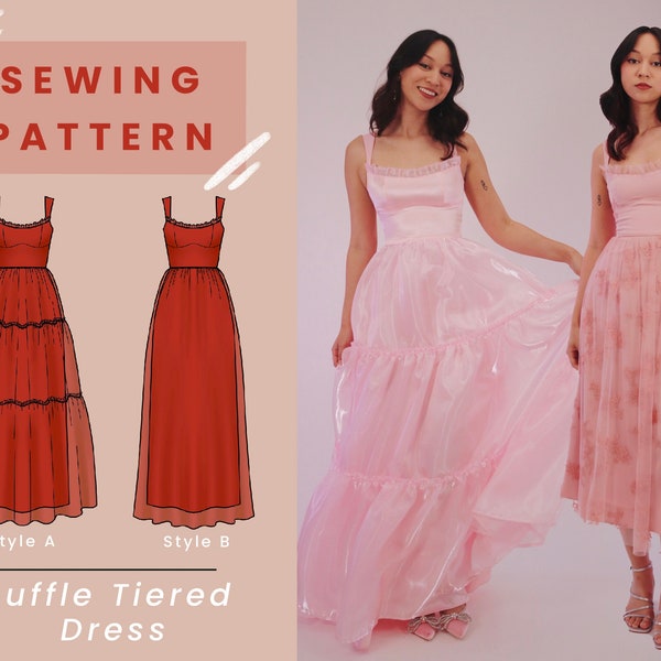 Ruffle gelaagde jurk digitale PDF naaipatroon met mini-, midi- en maxi-opties (PROM en bruiloftsgastjurk)//US maat 00-14