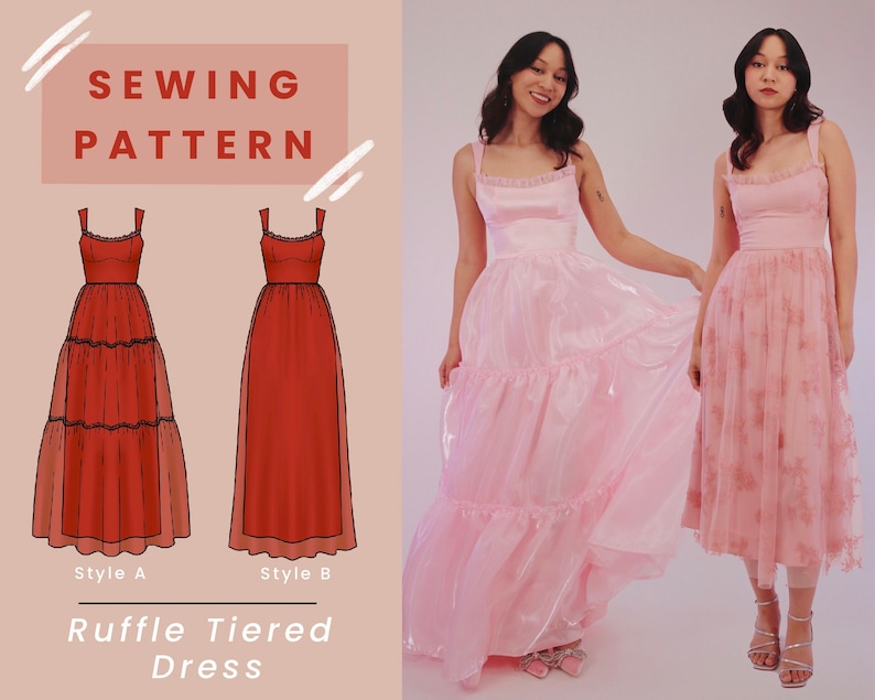 Ruffle Tiered Dress Digital PDF Sewing Pattern with Mini, Midi, and Maxi Options PROM and Wedding Guest Dress // US Size 00-14 zdjęcie 1