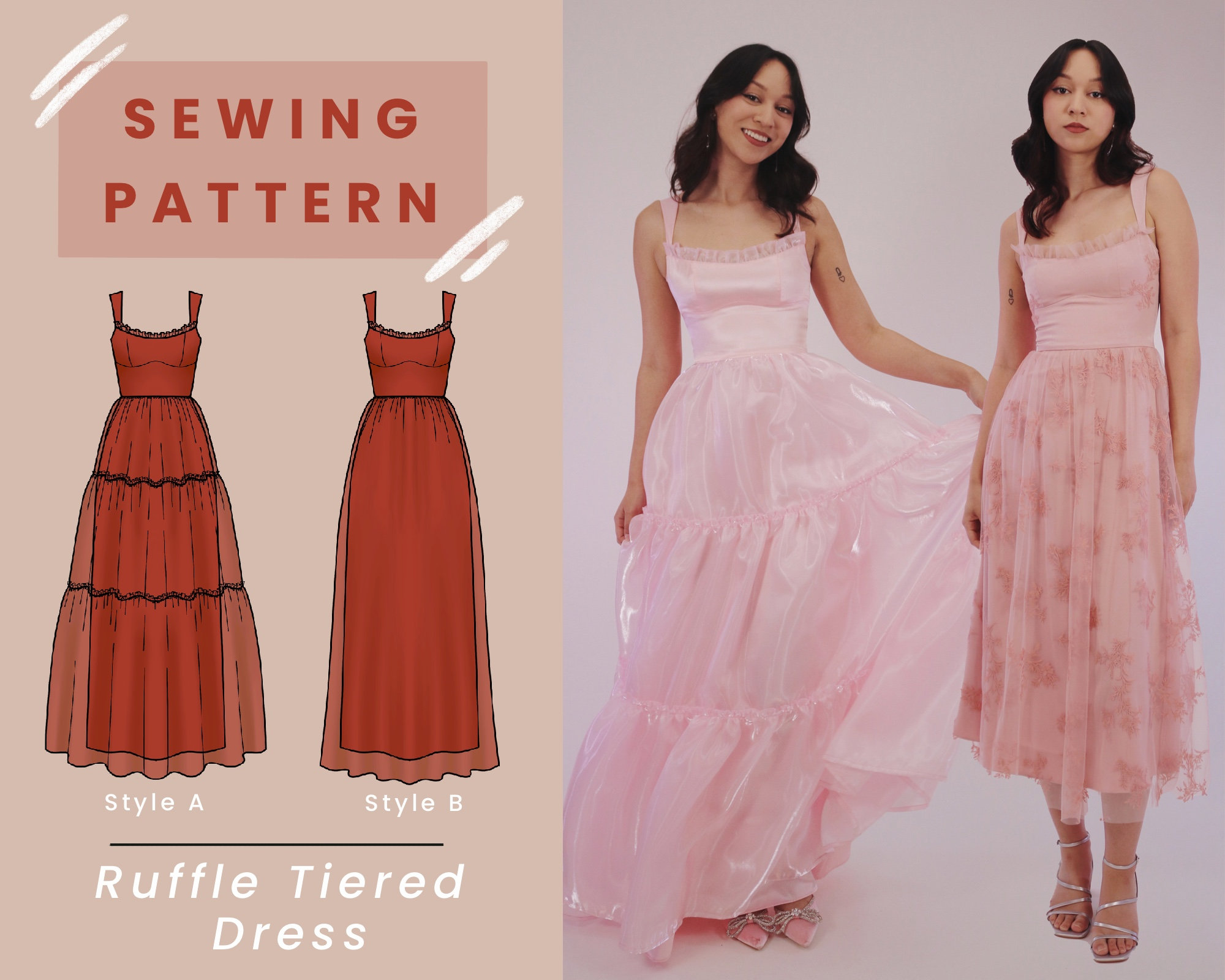 Ruffle Tiered Dress Digital PDF Sewing Pattern With Mini, Midi