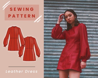 May include: Sewing pattern for a red leather dress with long sleeves and a round neckline. The pattern includes two views of the dress.
