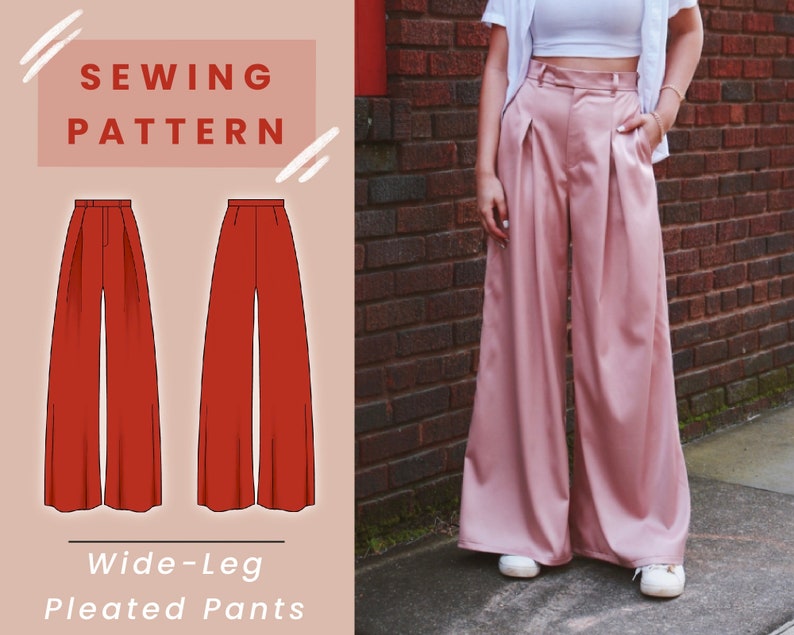 May include: Sewing pattern for wide-leg pleated pants. The pattern shows a front and back view of the pants in a rust color.
