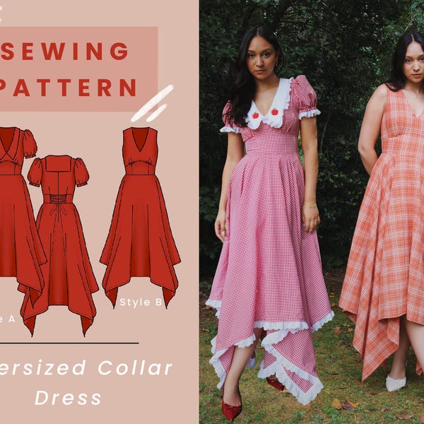 Oversized Collar Dress with Handkerchief Hem PDF Sewing Pattern (Mini/Maxi Lengths) // US Size 00-20 Instant Download with 4 Printable Sizes