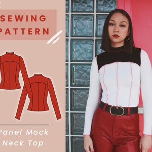 Panel Mock Neck Top Digital PDF Sewing Pattern // US Size XS-L // Instant Download with 4 Printable Sizes