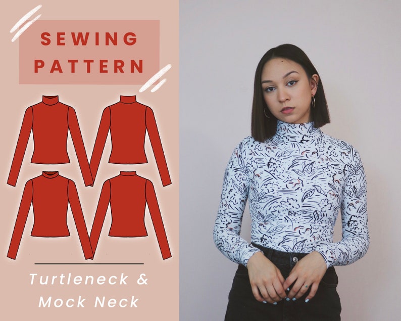 May include: Sewing pattern for a turtleneck and mock neck shirt. The pattern includes four illustrations of the shirt in a rust color.