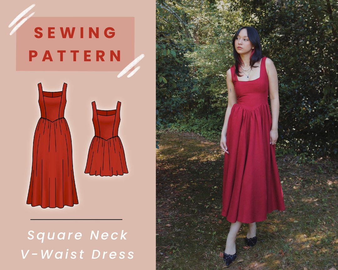 Buy Square Neck V-waist Dress PDF Sewing Pattern With Mini