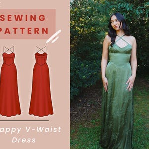 May include: A sewing pattern illustration of a strappy V-waist dress in red, next to a woman wearing a green strappy dress. The text on the image reads "Sewing Pattern" and "Strappy V-Waist Dress."
