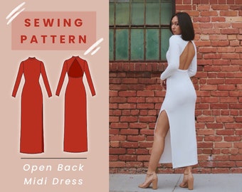 Open Back Midi Dress Digital PDF Sewing Pattern (Option for Closed Back!) // Size XS-XL // Instant Download with 4 Printable Sizes