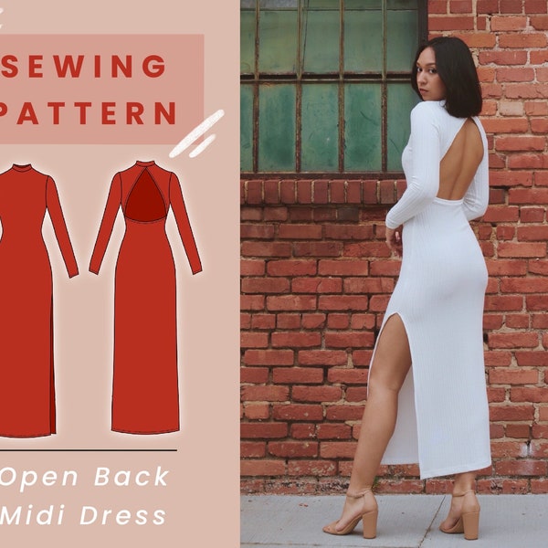 Open Back Midi Dress Digital PDF Sewing Pattern (Option for Closed Back!) // Size XS-XL // Instant Download with 4 Printable Sizes