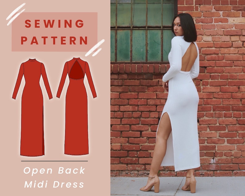 Open Back Midi Dress Digital PDF Sewing Pattern (Option for Closed Back!) // Size XS-XL // Instant Download with 4 Printable Sizes 