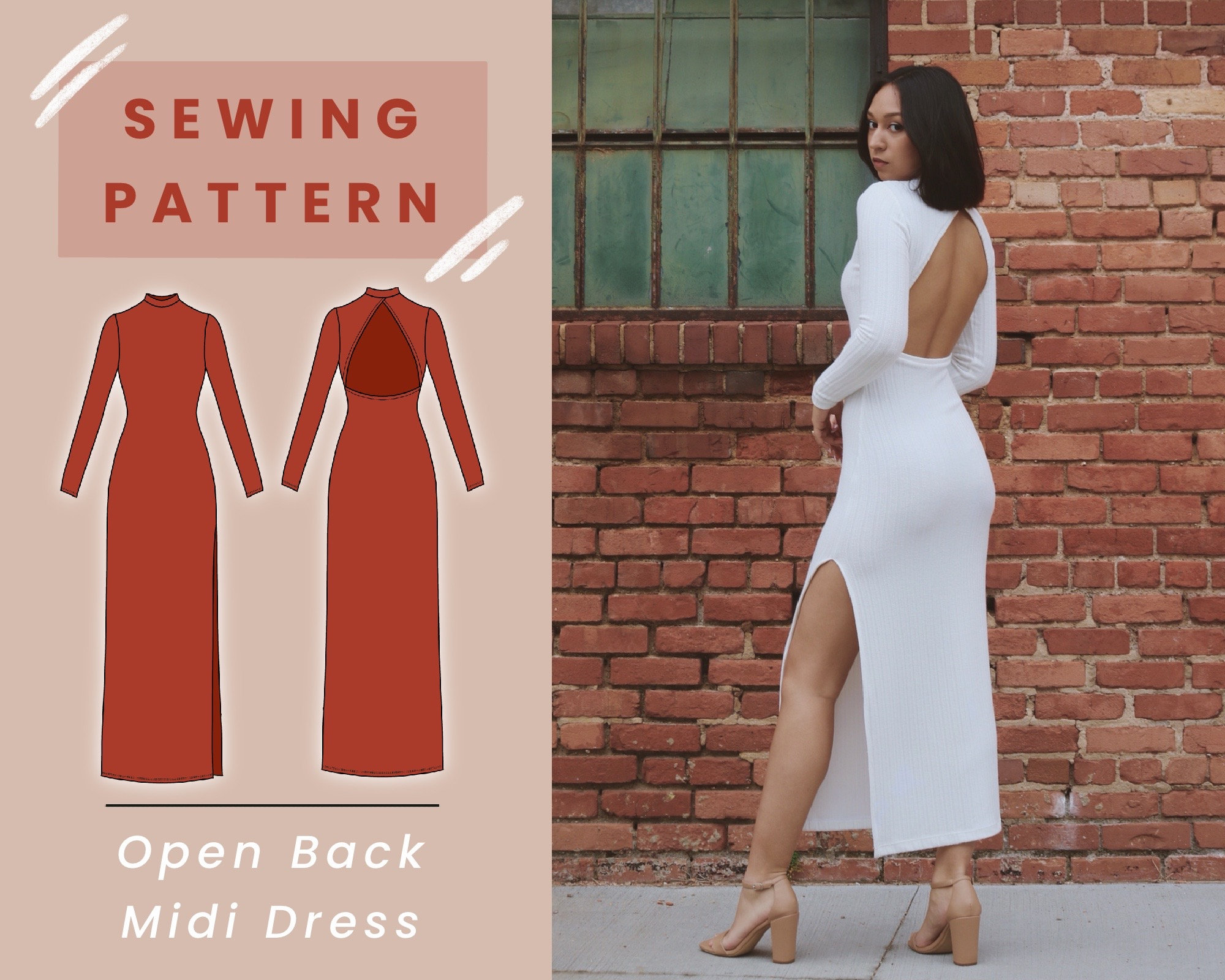 Open Back Midi Dress Digital PDF Sewing Pattern option for Closed Back //  Size XS-XL // Instant Download With 4 Printable Sizes 