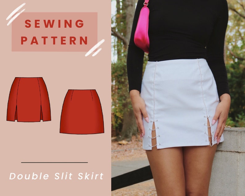 May include: Sewing pattern for a double slit skirt. The pattern shows a red skirt with two slits on the front. The image also shows a white skirt with two slits on the front, with silver chain details.