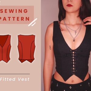 May include: Sewing pattern for a fitted vest. The pattern is shown in red on a light brown background. The text "Sewing Pattern" is in white on a pink background. The text "Fitted Vest" is in black on a light brown background.