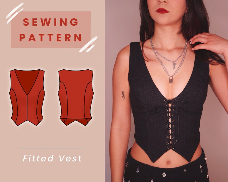 May include: Sewing pattern for a fitted vest. The pattern is shown in red on a light brown background. The text "Sewing Pattern" is in white on a pink background. The text "Fitted Vest" is in black on a light brown background.