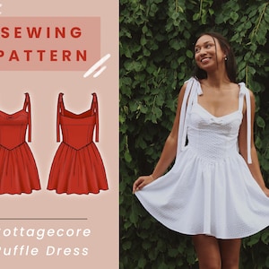 Cottagecore Ruffle Mini Dress Digital PDF Sewing Pattern // US Size 00-14 // Instant Download with 4 Printable Sizes