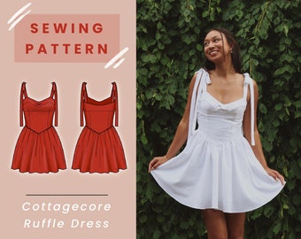 Cottagecore Ruffle Mini Dress Digital PDF Sewing Pattern // US Size 00-14 // Instant Download with 4 Printable Sizes