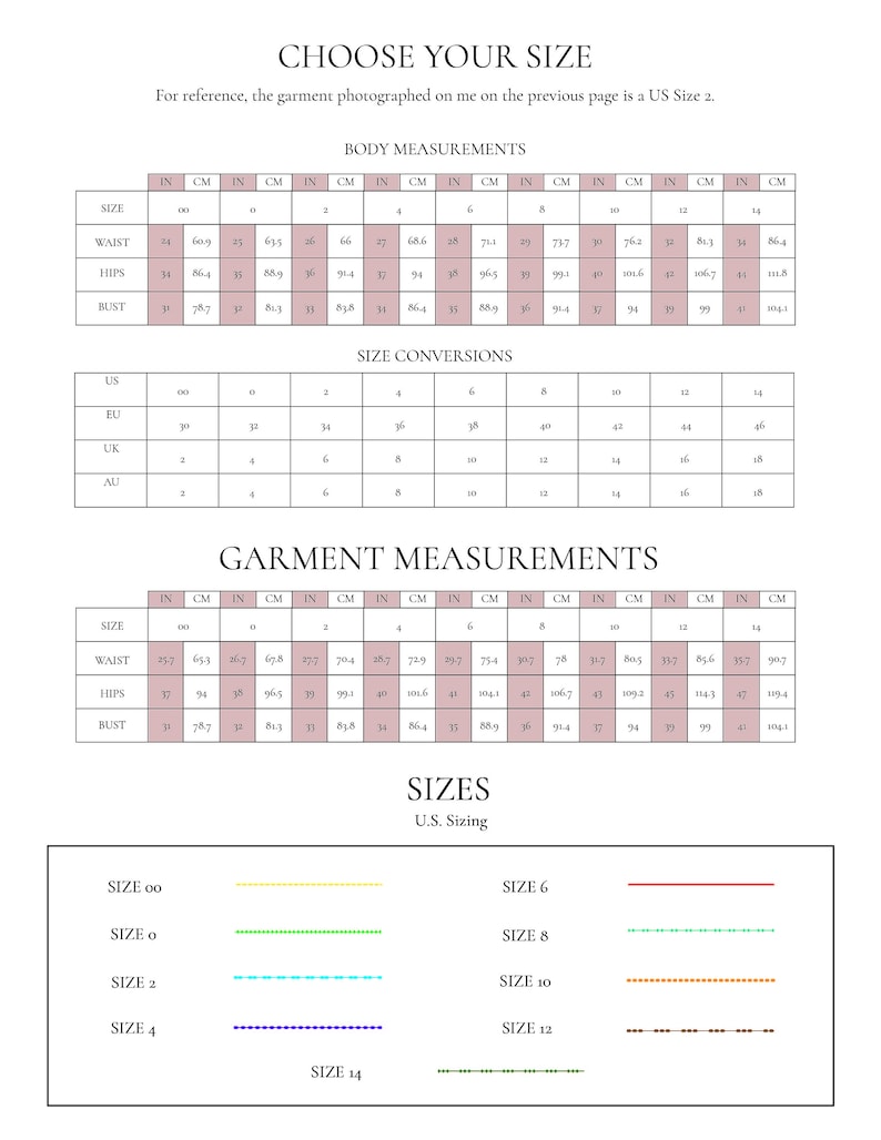 Op de afbeelding: Een maattabel voor dameskleding met maten in inches en centimeters. De tabel toont de overeenkomstige US, UK, EU en AU maten voor verschillende lichaamsmaten, waaronder taille, heupen en borst.