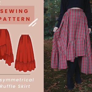 Puede incluir: Una falda asimétrica con volantes a cuadros rojos y negros. La falda tiene un dobladillo con volantes y se muestra en una foto y una ilustración de patrón de costura. El texto dice "SEWING PATTERN" y "Asymmetrical Ruffle Skirt".
