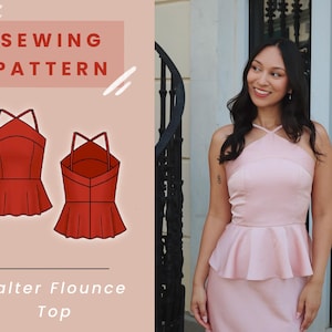 May include: A red halter flounce top sewing pattern is displayed next to a woman wearing a pink halter top and skirt. The text "SEWING PATTERN" is at the top, and "Halter Flounce Top" is at the bottom.
