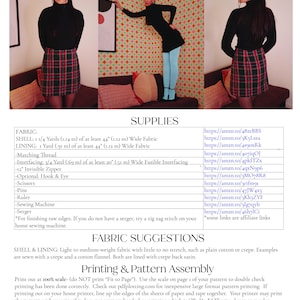 May include: A sewing pattern with fabric and supply suggestions. The image shows a woman wearing a black top and a plaid skirt. The text includes fabric suggestions and printing instructions.