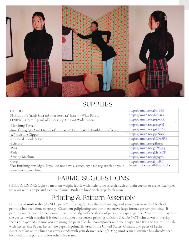May include: A sewing pattern with fabric and supply suggestions. The image shows a woman wearing a black top and a plaid skirt. The text includes fabric suggestions and printing instructions.