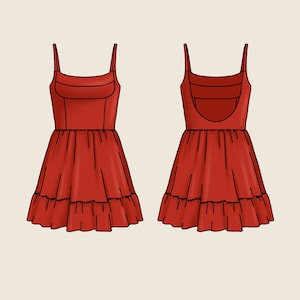 K&ouml;nnte beinhalten: Ein rotes, &auml;rmelloses Kleid mit quadratischem Ausschnitt und einem Stufenrock. Das Kleid hat einen tiefen R&uuml;cken mit einem Ausschnitt.