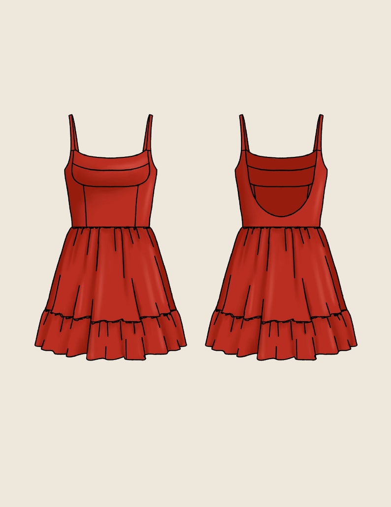 K&ouml;nnte beinhalten: Ein rotes, &auml;rmelloses Kleid mit quadratischem Ausschnitt und einem Stufenrock. Das Kleid hat einen tiefen R&uuml;cken mit einem Ausschnitt.
