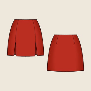 May include: Two red mini skirts, one with side slits, shown from the front.