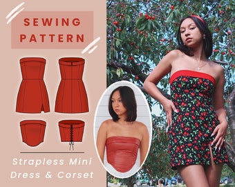 Strapless Mini Dress & Corset Digital PDF Sewing Pattern // US Size 00-14 // Instant Download with 4 Printable Sizes