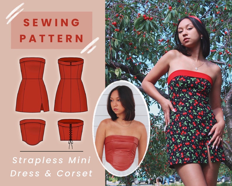 Strapless Mini Dress & Corset Digital PDF Sewing Pattern // US Size 00-14 // Instant Download with 4 Printable Sizes image 1