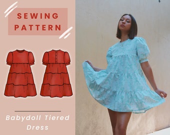 Babydoll Tiered Puff Sleeve Dress Digital PDF Sewing Pattern // US Size 00-14 // Instant Download with 4 Printable Sizes