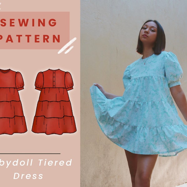 Babydoll Tiered Puff Sleeve Dress Digital PDF Sewing Pattern // US Size 00-14 // Instant Download with 4 Printable Sizes