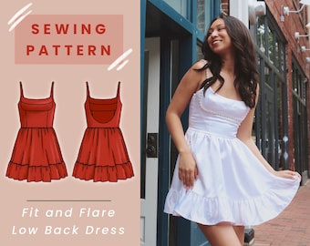 Fit and Flare Low Back Mini Dress Patrón de costura PDF digital // Tamaño de EE. UU. 00-14 // Descarga instantánea con 4 tamaños imprimibles