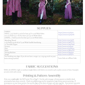 May include: A red and black plaid dress pattern with a high-low hemline and a side slit. The image includes a list of supplies needed to make the dress, including fabric, thread, and a zipper.