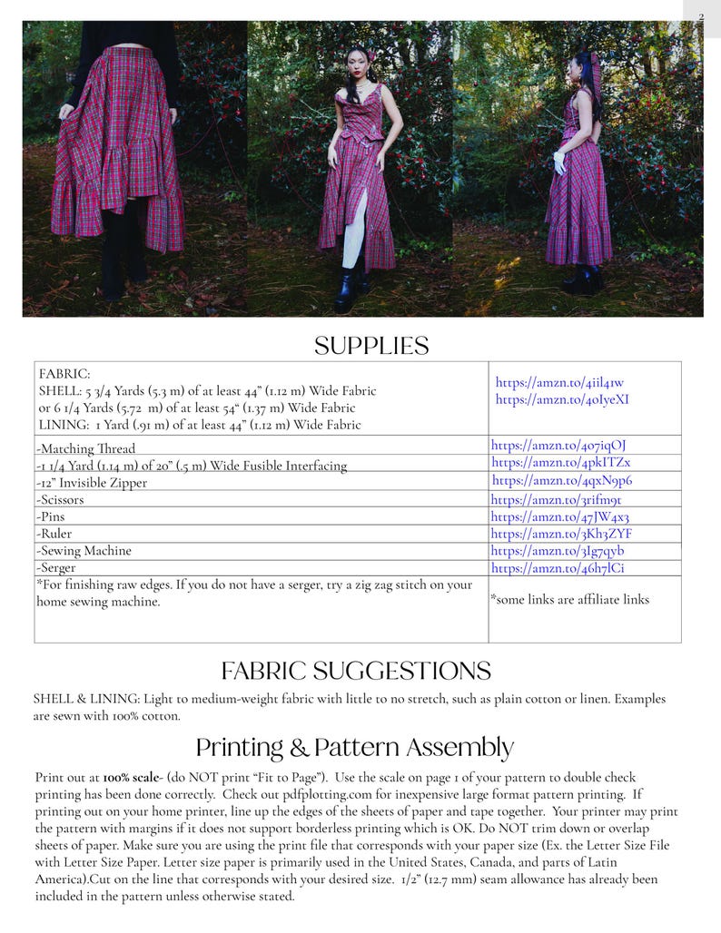 May include: A red and black plaid dress pattern with a high-low hemline and a side slit. The image includes a list of supplies needed to make the dress, including fabric, thread, and a zipper.